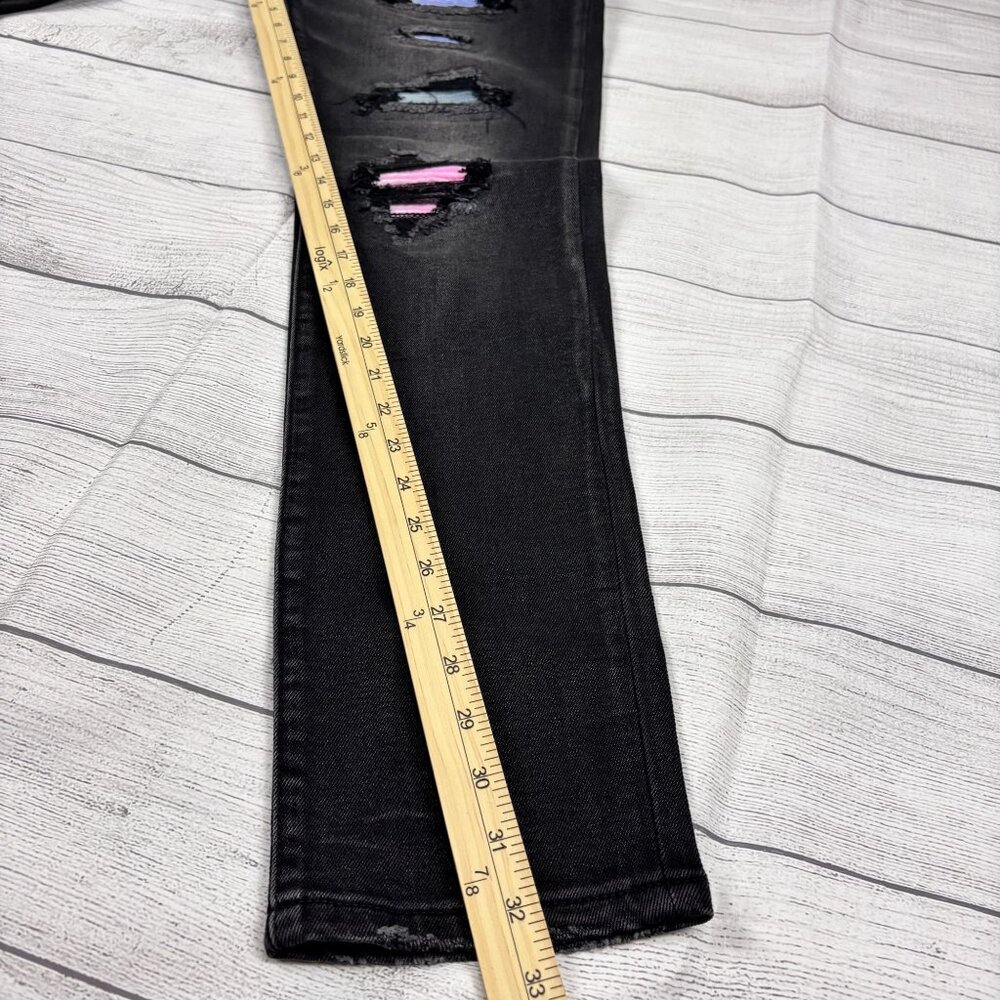 Embellish Mens Black Distressed Skinny Jeans With Colorful Patches Size 34 - Picture 8 of 16